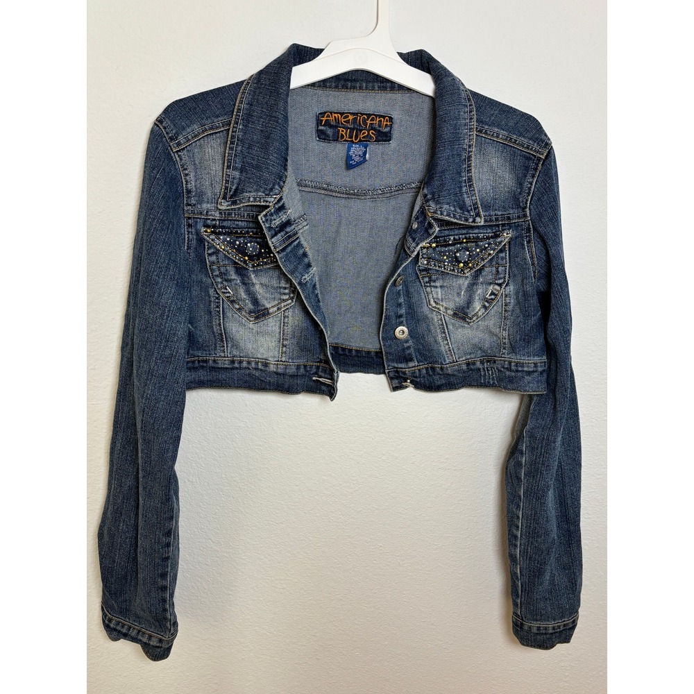 Americana Blues Cropped Denim Jacket Medium Wash Studded Y2K Bolero Shrug Large